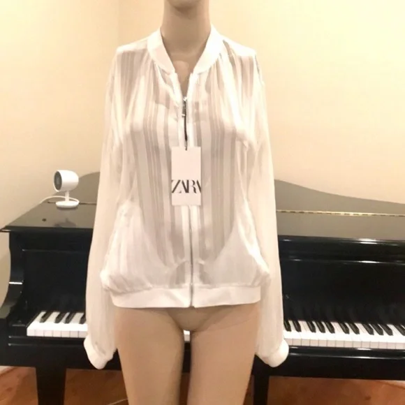 NWT RARE Zara sheer minimalist spring summer striped white bomber sheer jacket